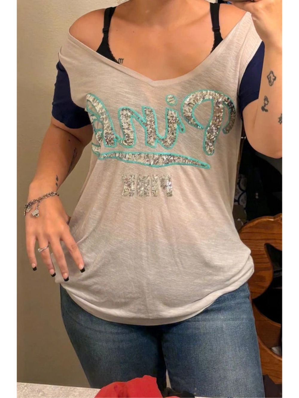Oversized Gray and Blue Sequined Victoria’s Secret Pink Short Sleeve